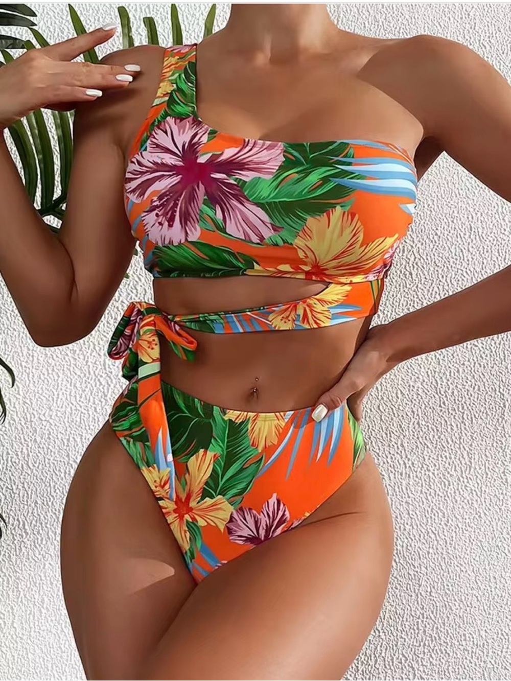 SHEIN Tropical One-Shoulder Wrap Bikini Set - Orange Floral